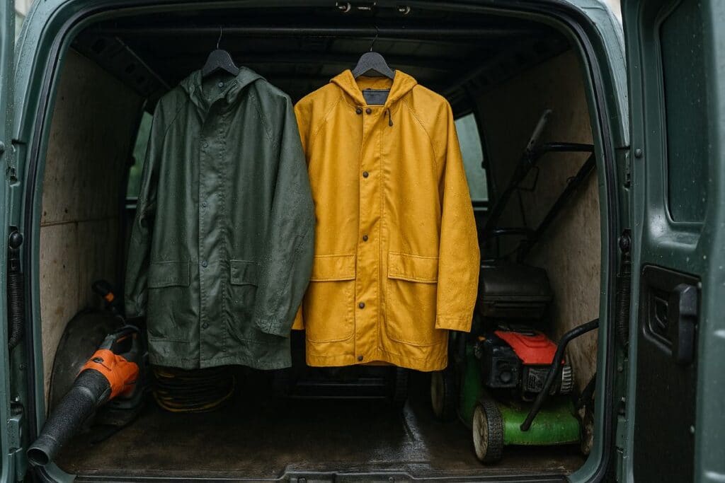 Raincoats hanging in a van