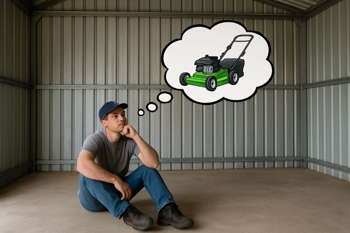 A man in an empty shed dreaming of owning a lawn care business