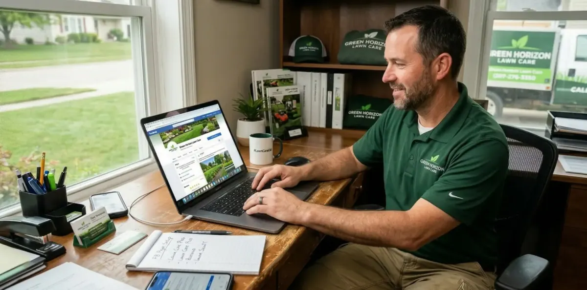 A lawn care guy setting up a Facebook page for his business