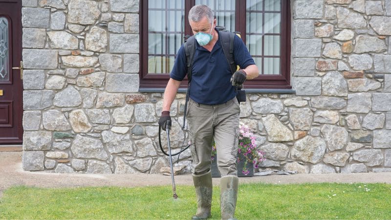 Man weed spraying a lawn