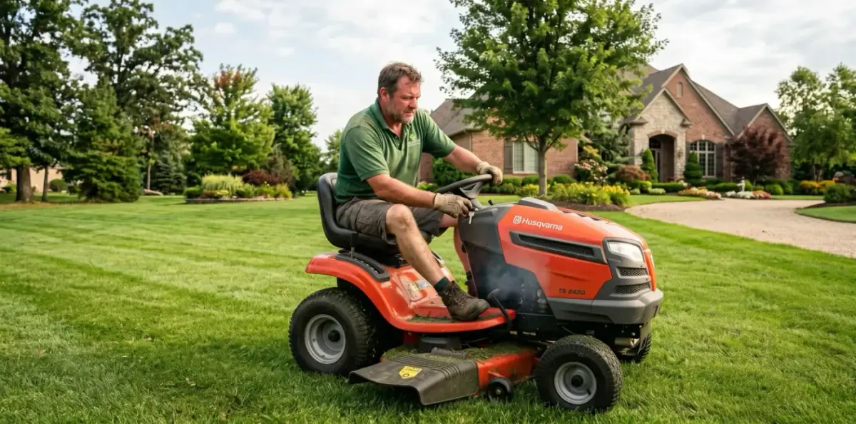 A lawn guy who is trying to start a ride-on lawn mower