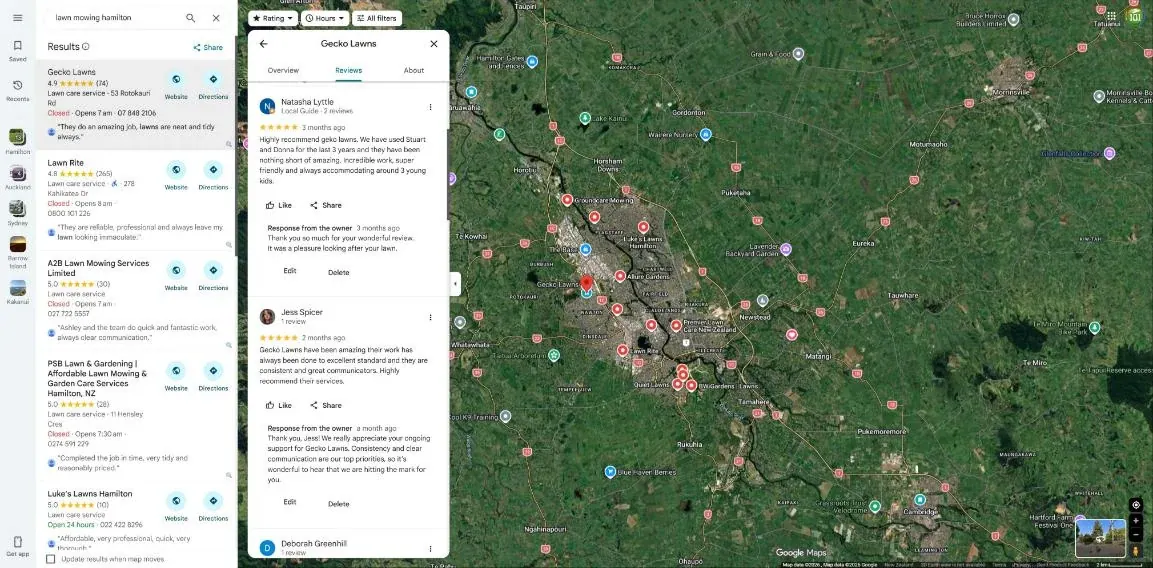 Google Maps results for lawn mowing in Hamilton with Gecko Lawns ranking first
