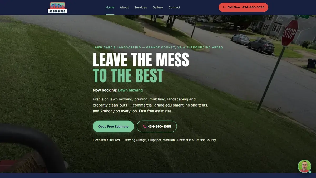 OC Proscape lawn care website with the service area at the top, a Call Now button in the top right corner and a free estimate button