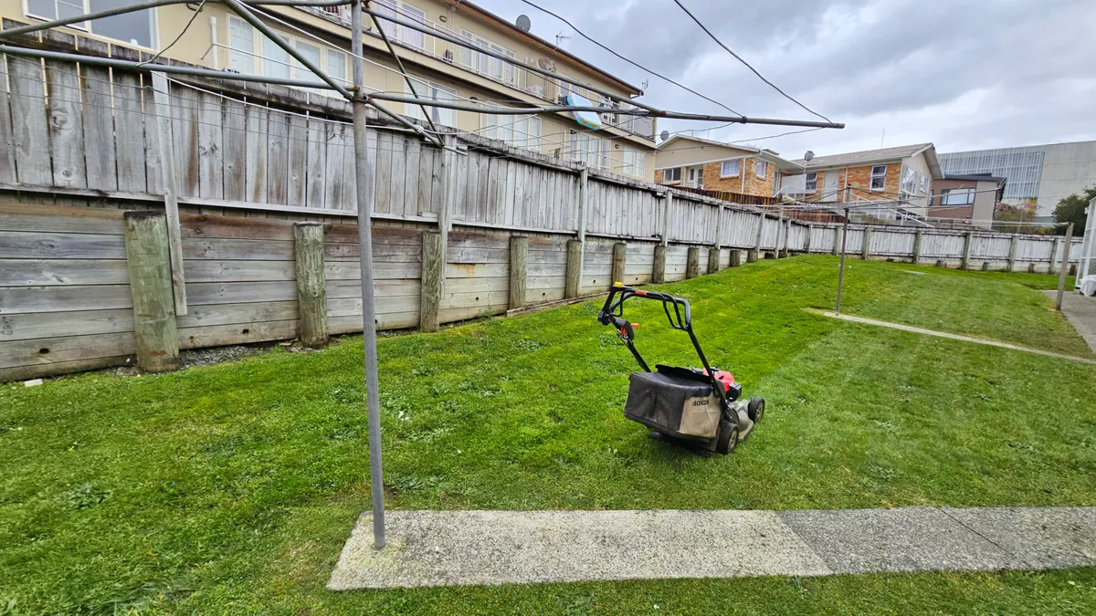 Back lawn with a mower near the clothesline