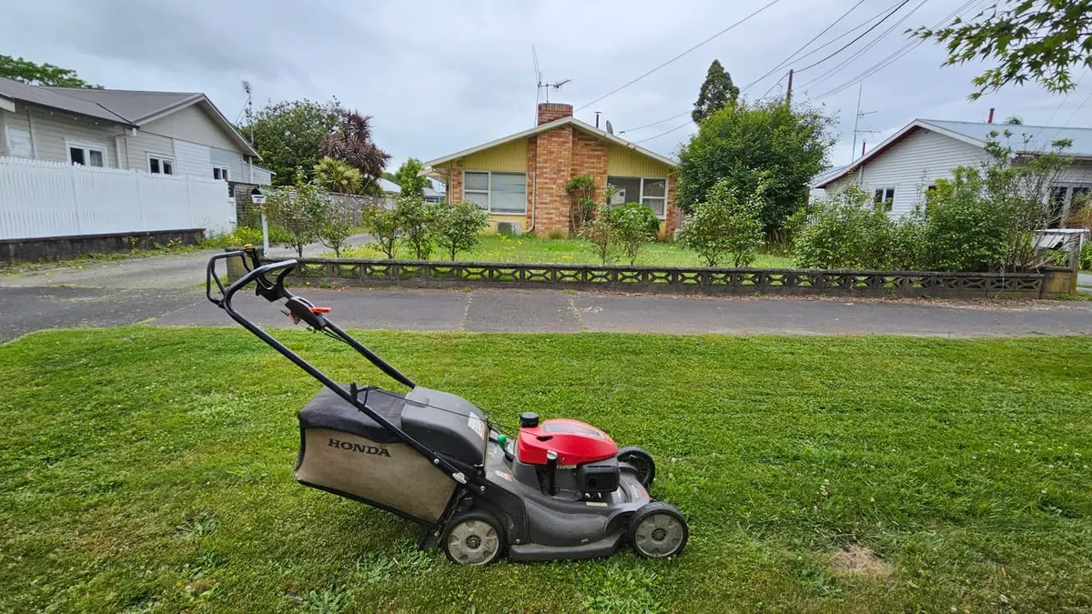 A Honda push mower on a freshly cut front lawn, looking across a quiet street to a row of houses with lawns of their own