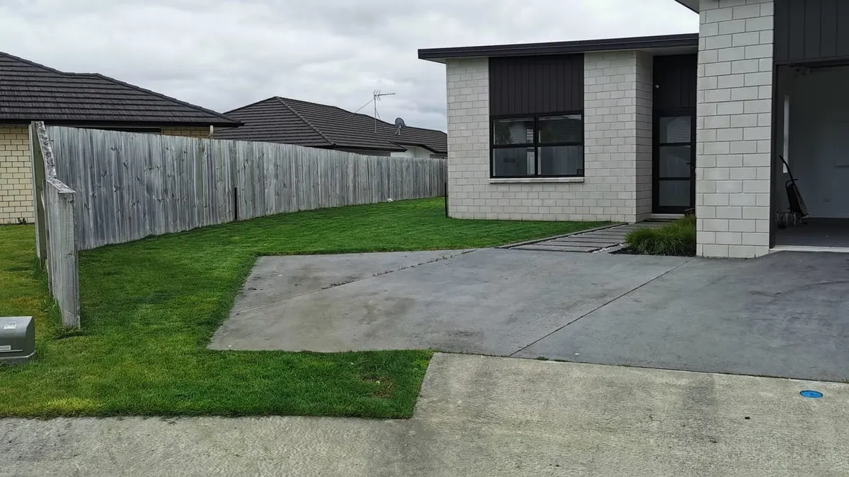 A small fresh-cut front lawn beside a concrete driveway at a new-build house, with a paling fence down one side