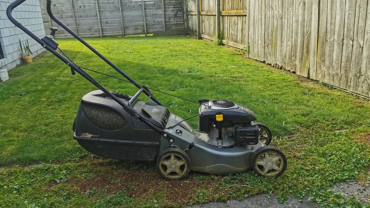 A grey push mower with its grass catcher on, on a backyard lawn by a paling fence