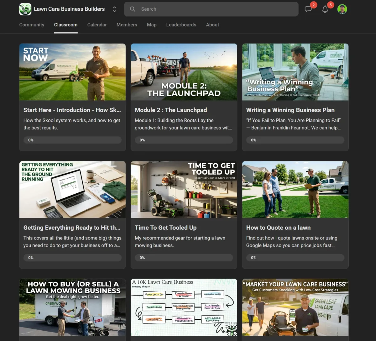 The Skool classroom with courses on starting, quoting, gear, marketing and buying a lawn business