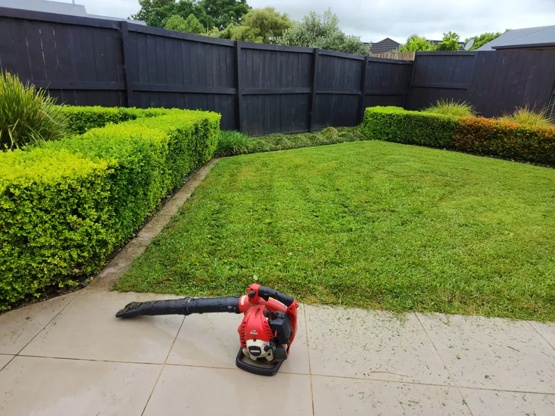 Handheld blower on a patio beside a trimmed hedge